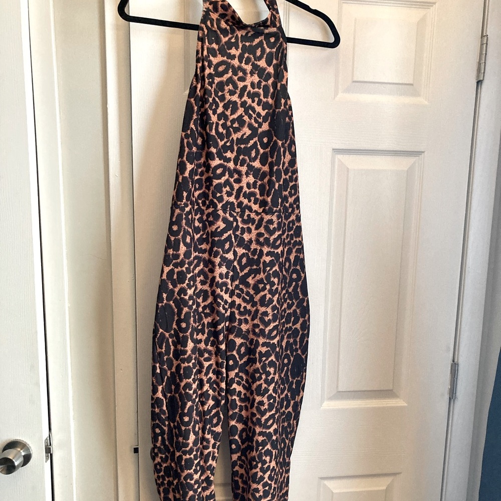 Leopard print halter jumpsuit.